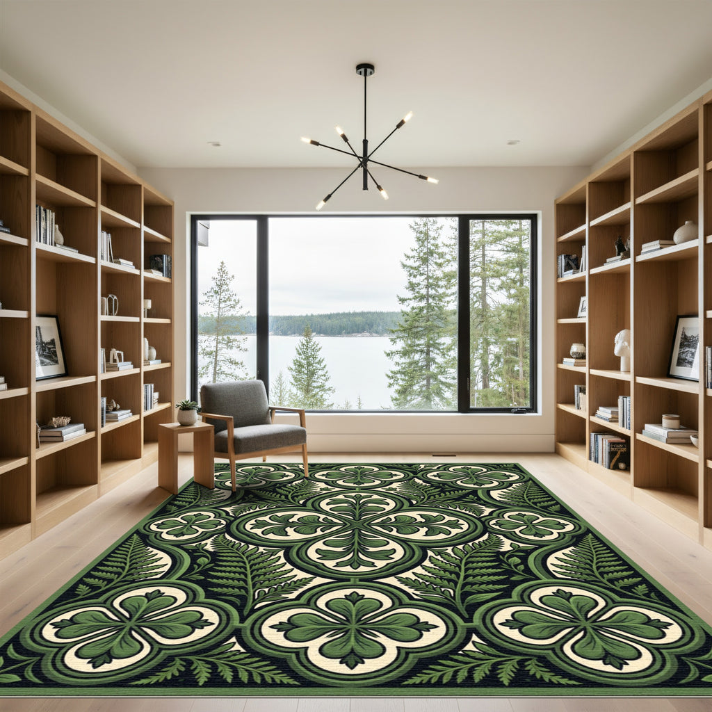 Green Botanical Quatrefoil Fern Tile Rug