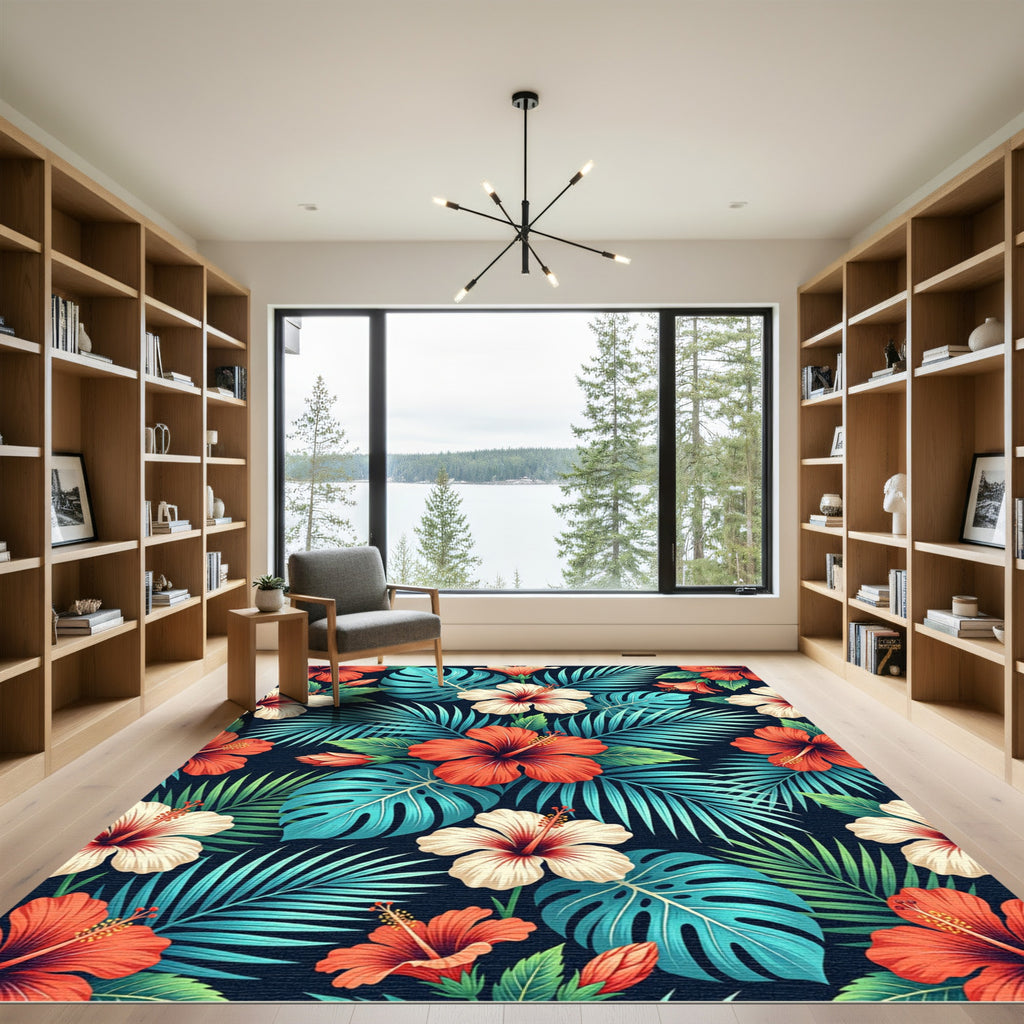Lush Tropical Hibiscus and Palm Leaf Rug