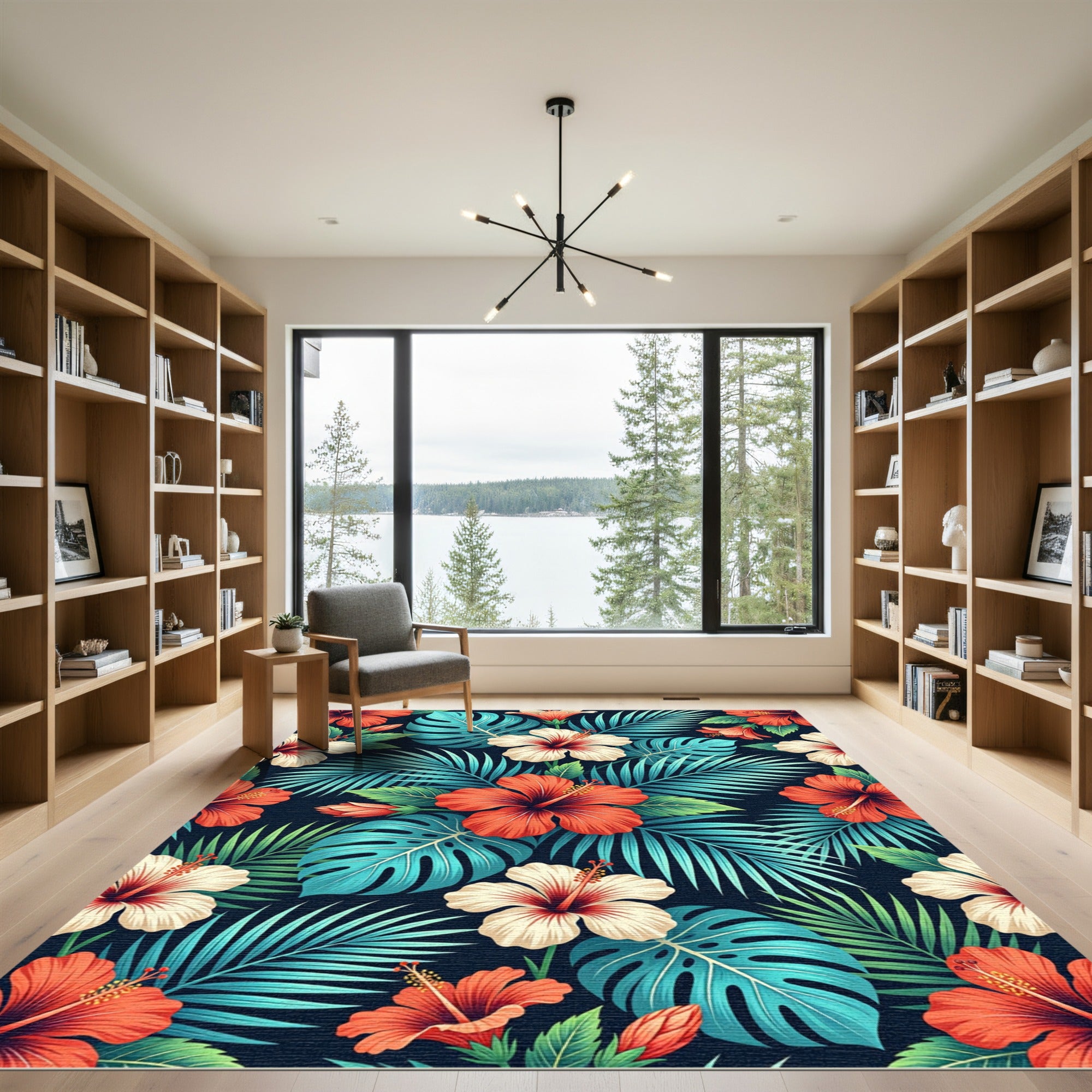 Lush Tropical Hibiscus and Palm Leaf Rug