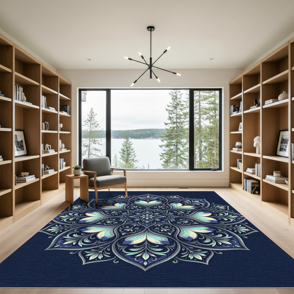 Elegant Navy Teal Floral Medallion Rug