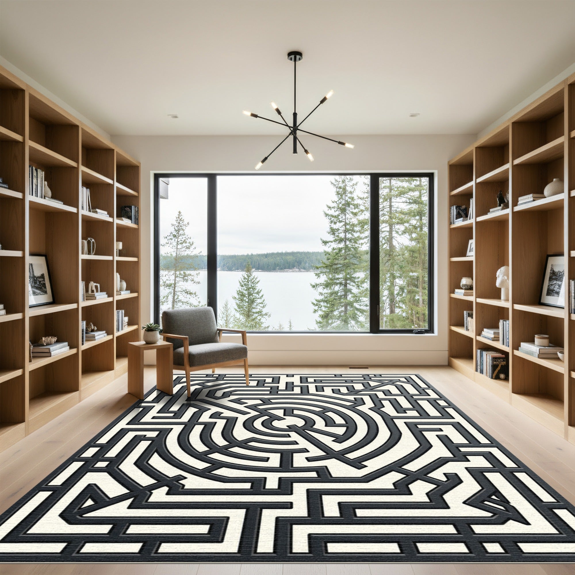 Modern Monochrome Labyrinth Geometric Swirl Rug