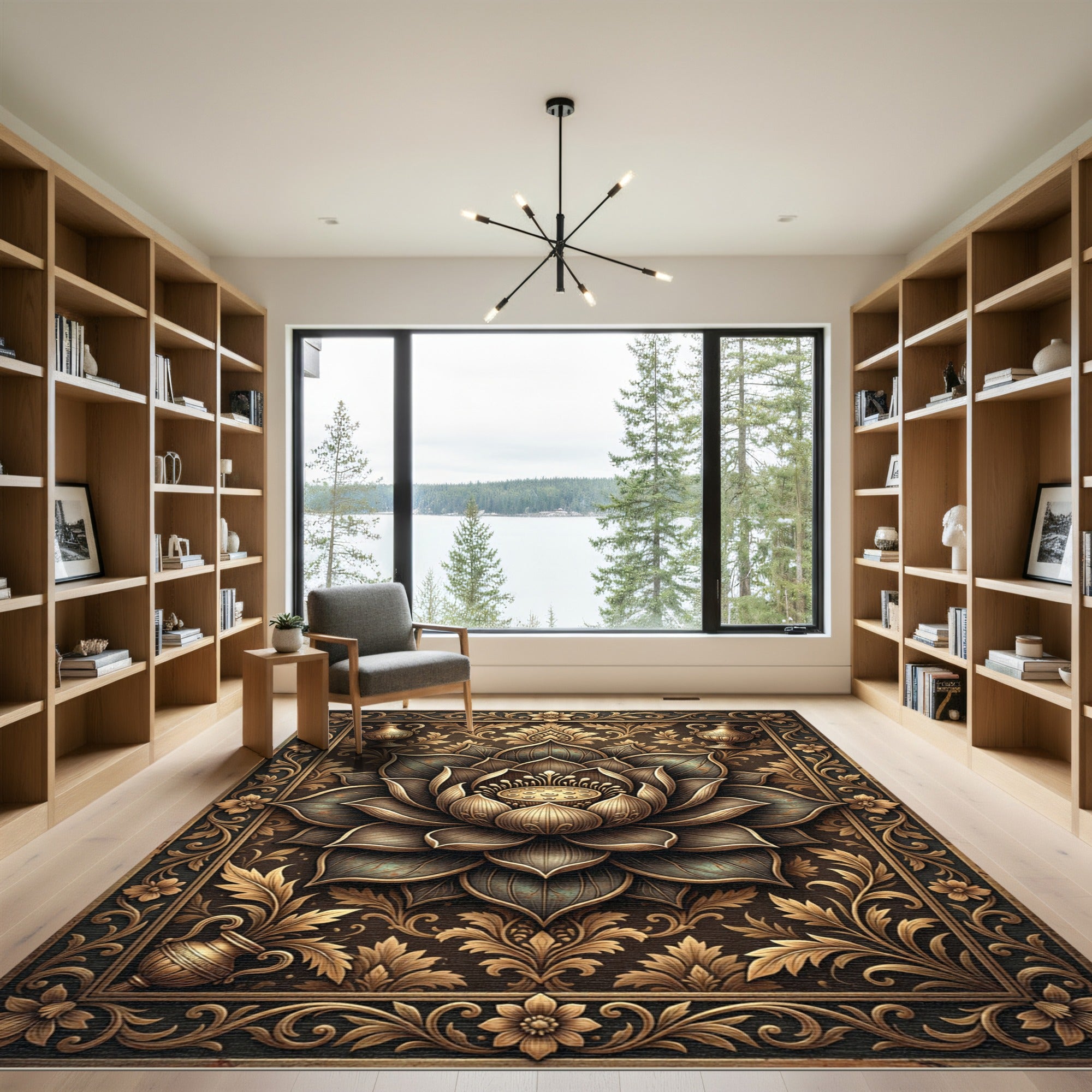 Ornate Golden Lotus Blossom Frame Rug