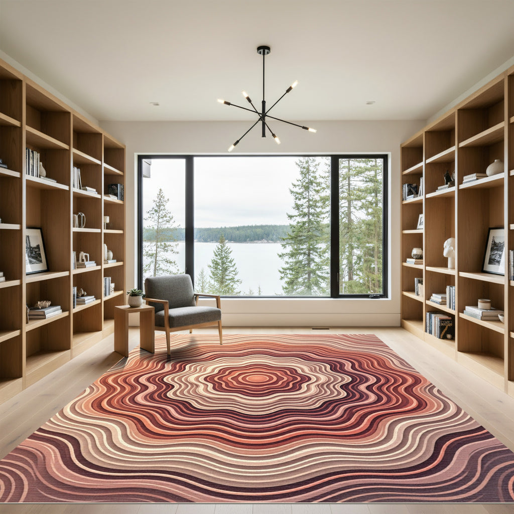 Abstract Terracotta Wavy Concentric Circle Rug
