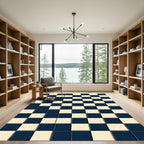 Navy and Cream Classic Checkered Grid Rug