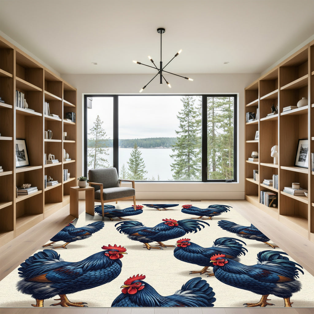 Vibrant Indigo Rooster Farmstead repeat Rug