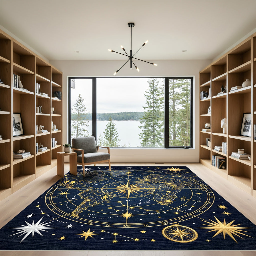 Celestial Gold Compass World Map Rug