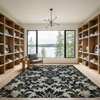 Black Damask Scroll Medallion Slate Gray Rug