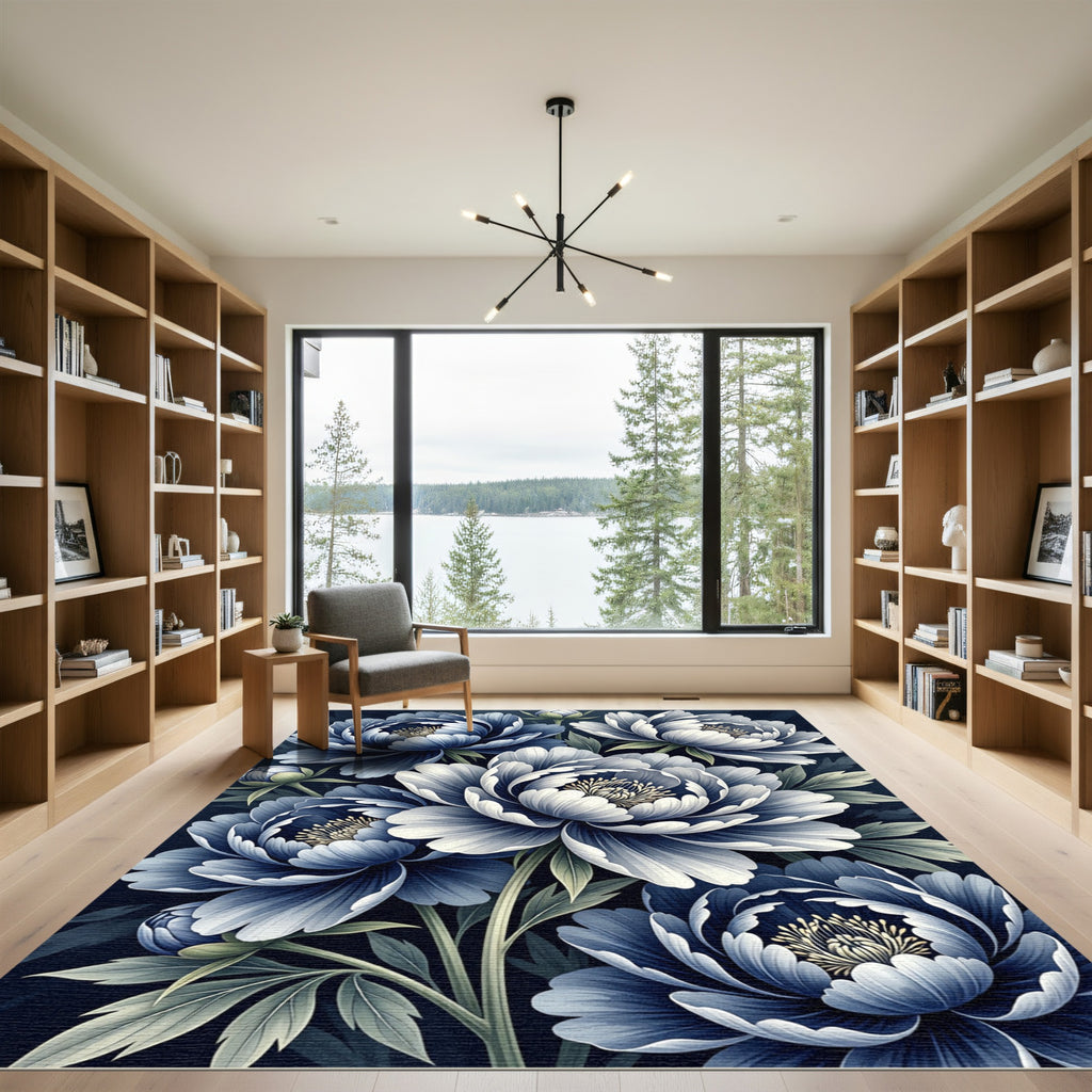 Elegant Navy Blue Peony Floral Rug