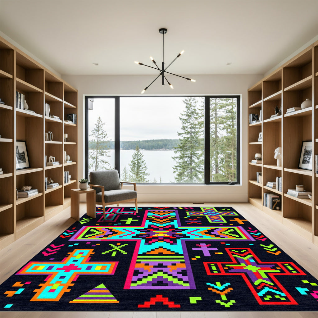 Neon Pixel Geometric Crosses Abstract Rug