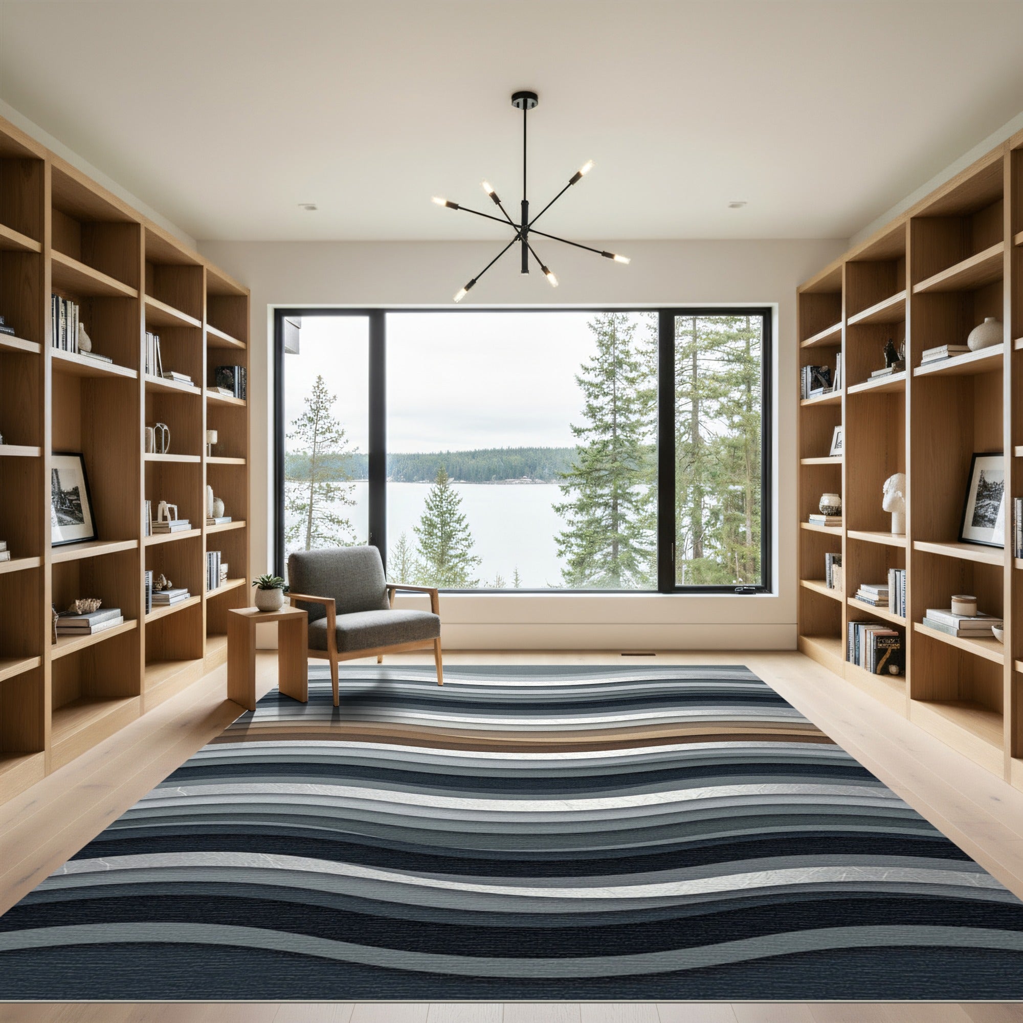 Modern Abstract Silver and Earth Tone Wave Rug