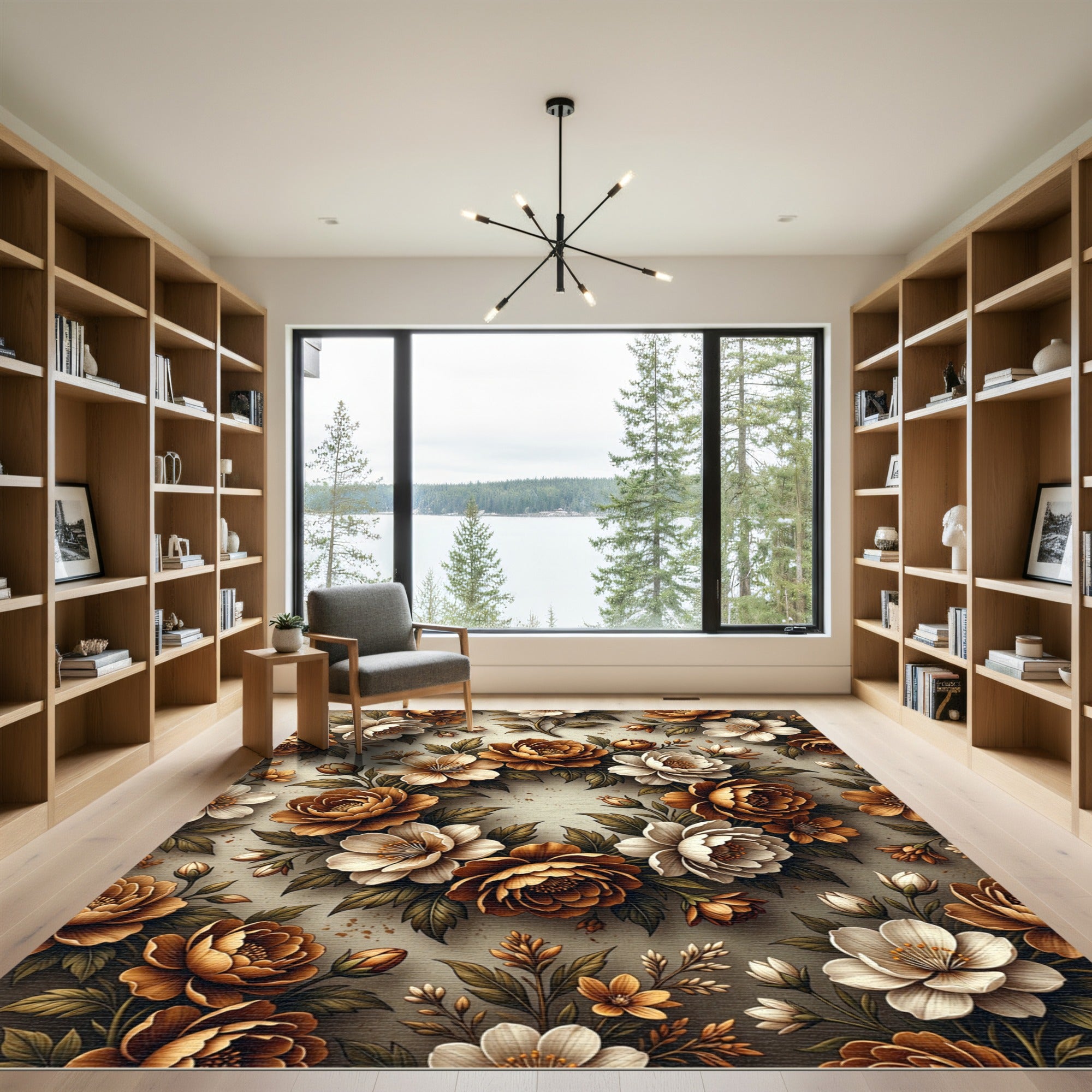 Golden Brown Floral Garland Rug