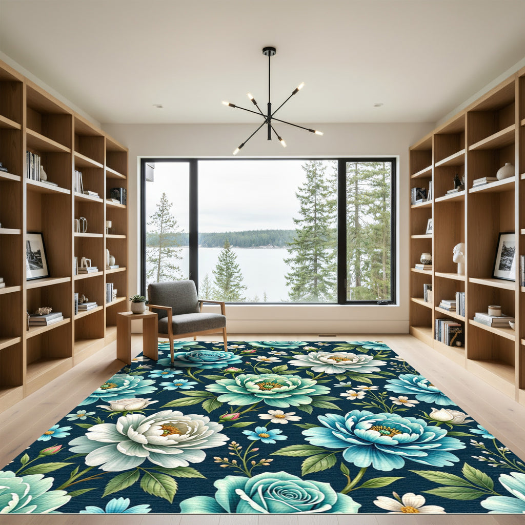 Teal White Ocean Bloom Garden Rug