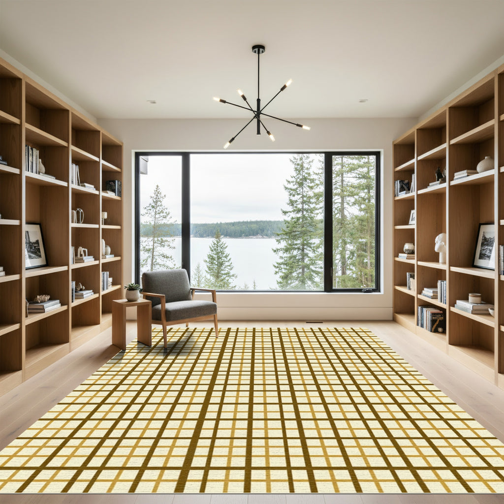 Modern Ochre Neutral Grid Checkered Rug