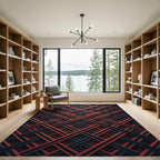 Rustic Crimson and Charcoal Geometric Grid Rug
