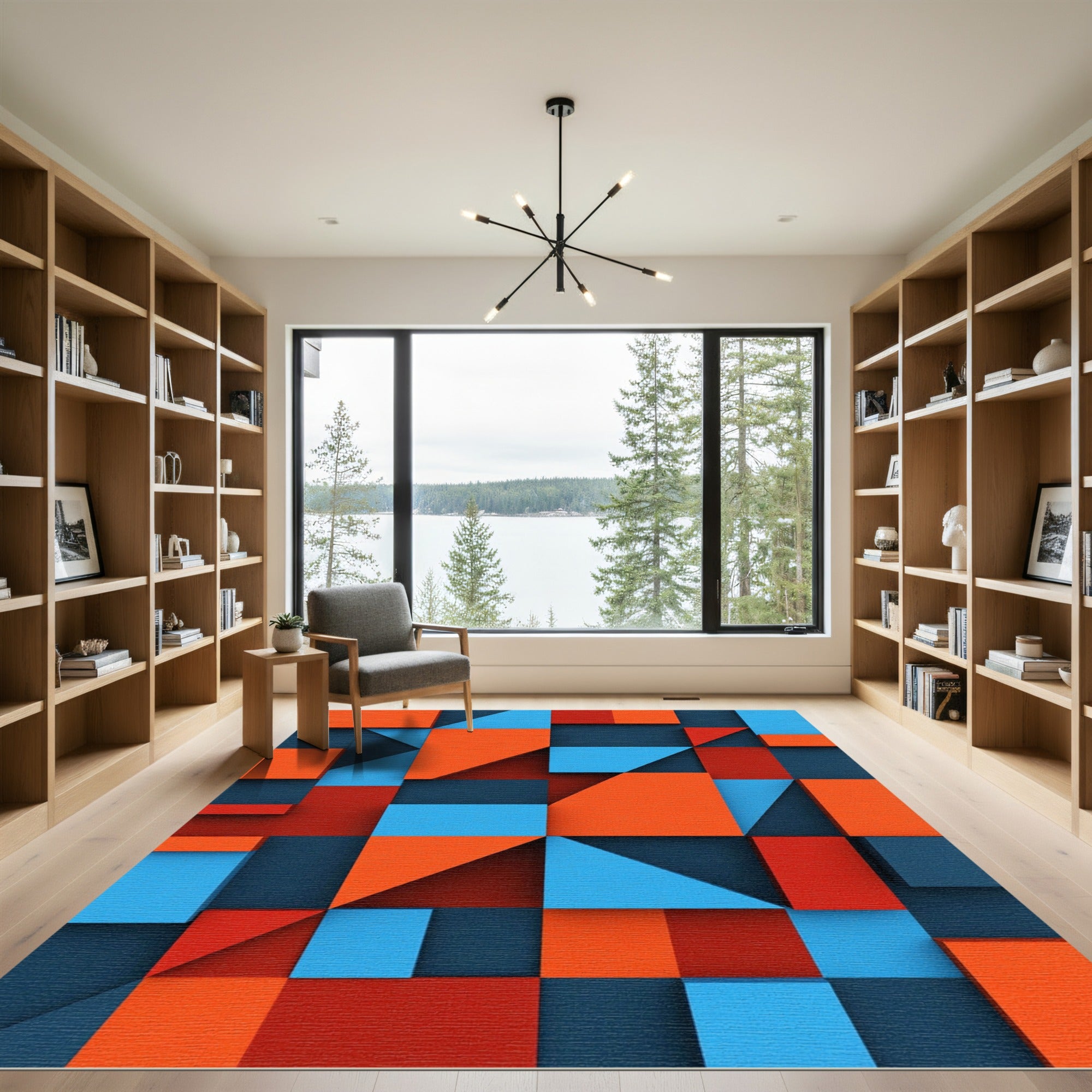 Bold Abstract Geometric Orange Blue Squares Rug
