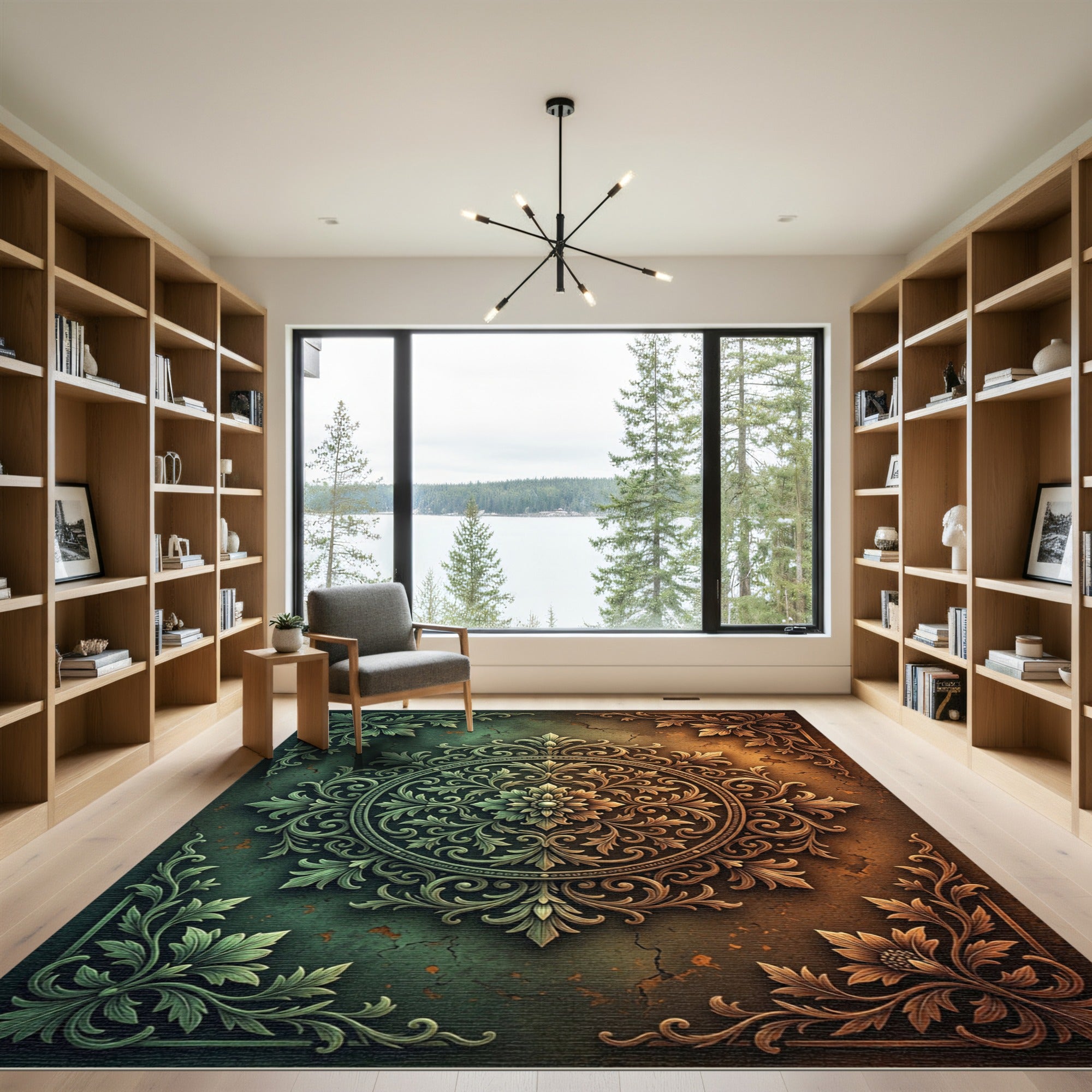 Dual Tone Ornate Floral Damask Circle Rug