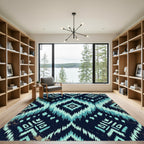 Teal Indigo Ikat Diamond Geometric Rug
