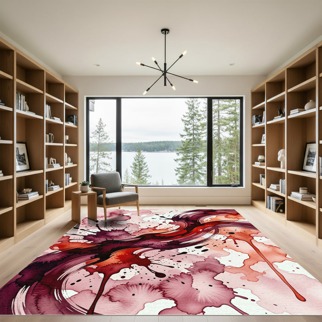Abstract Crimson Watercolor Ink Swirl Rug