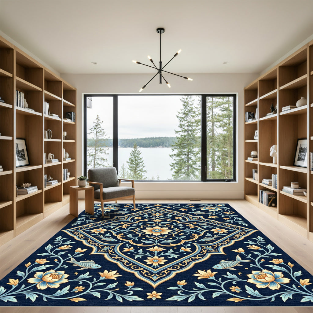 Golden Navy Fish Floral Medallion Rug