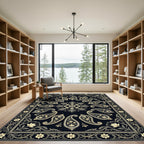 Classic Black Paisley Floral Border Rug