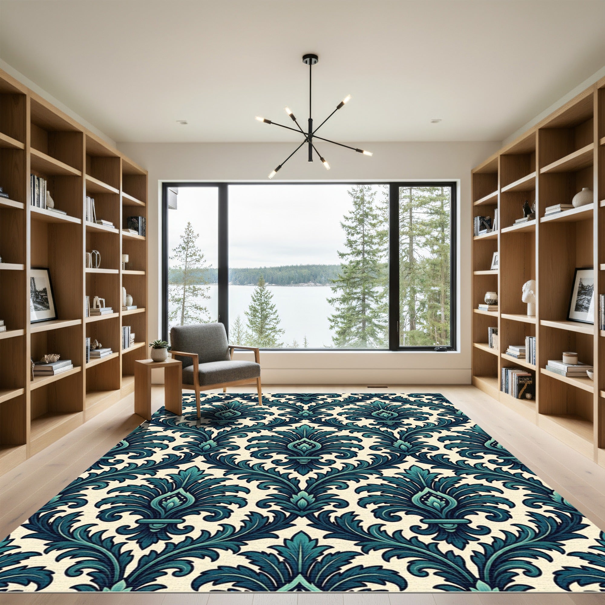 Elegant Teal Damask Scroll Filigree Rug