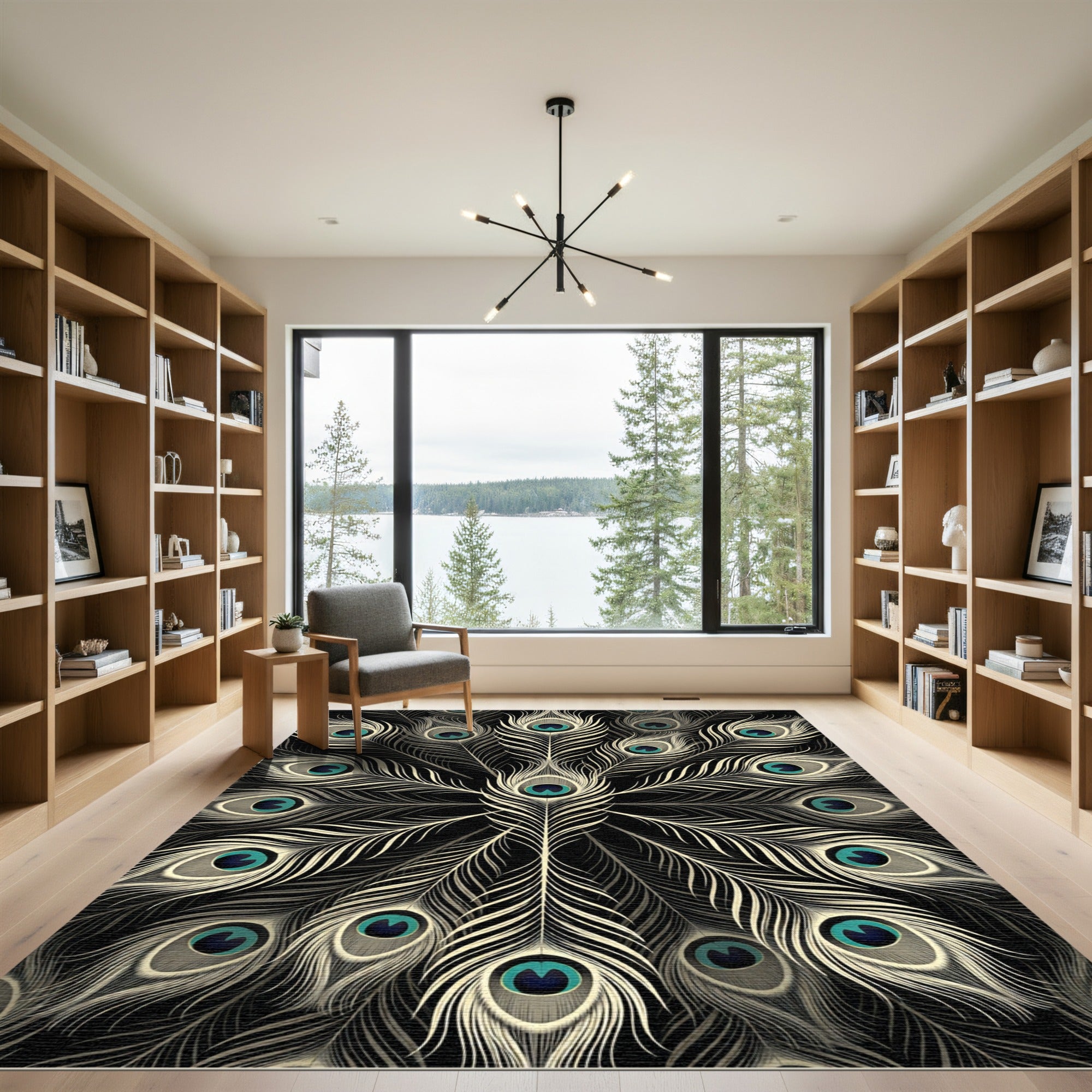 Elegant White Peacock Feather Mandala Rug