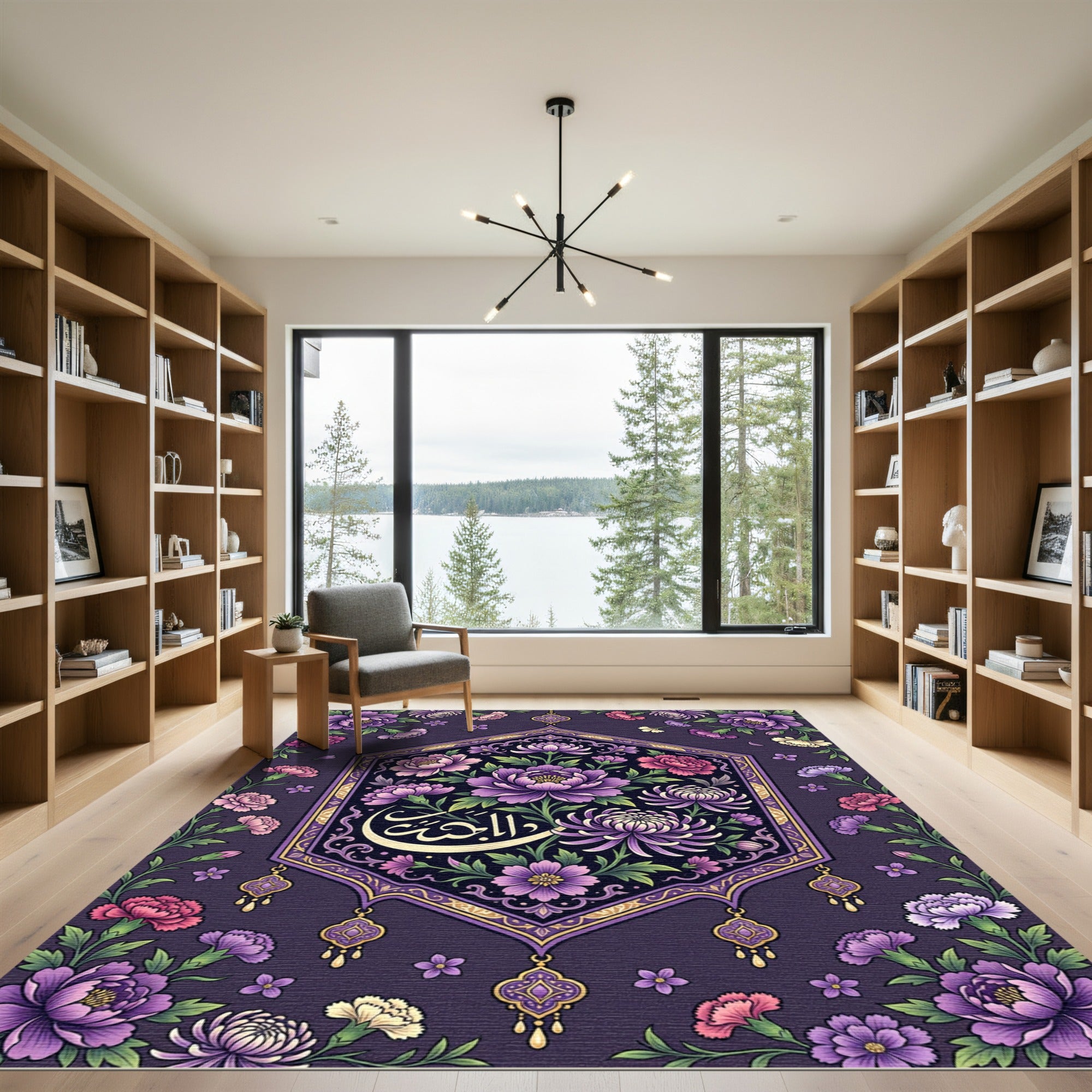 Elegant Violet Peony Crescent Floral Medallion Rug