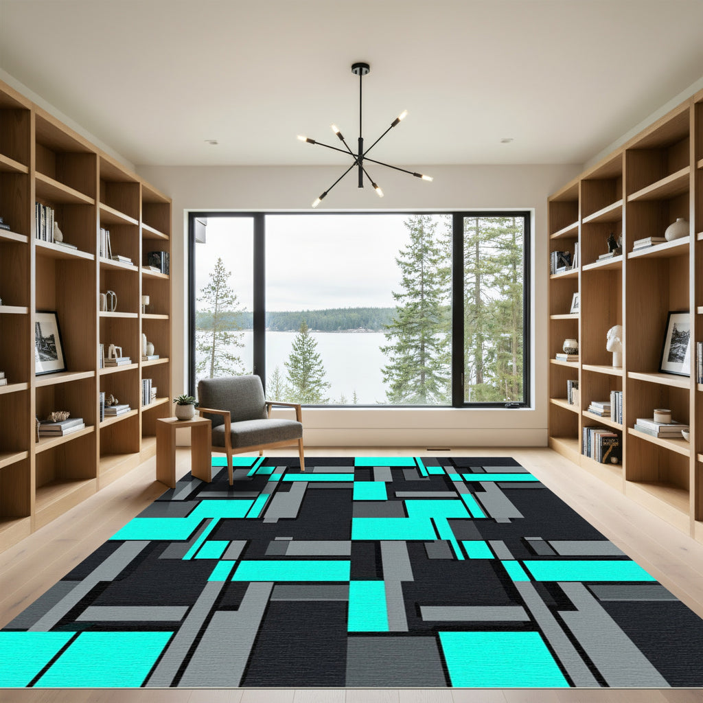 Cyan and Gray Geometric Block Art Rug