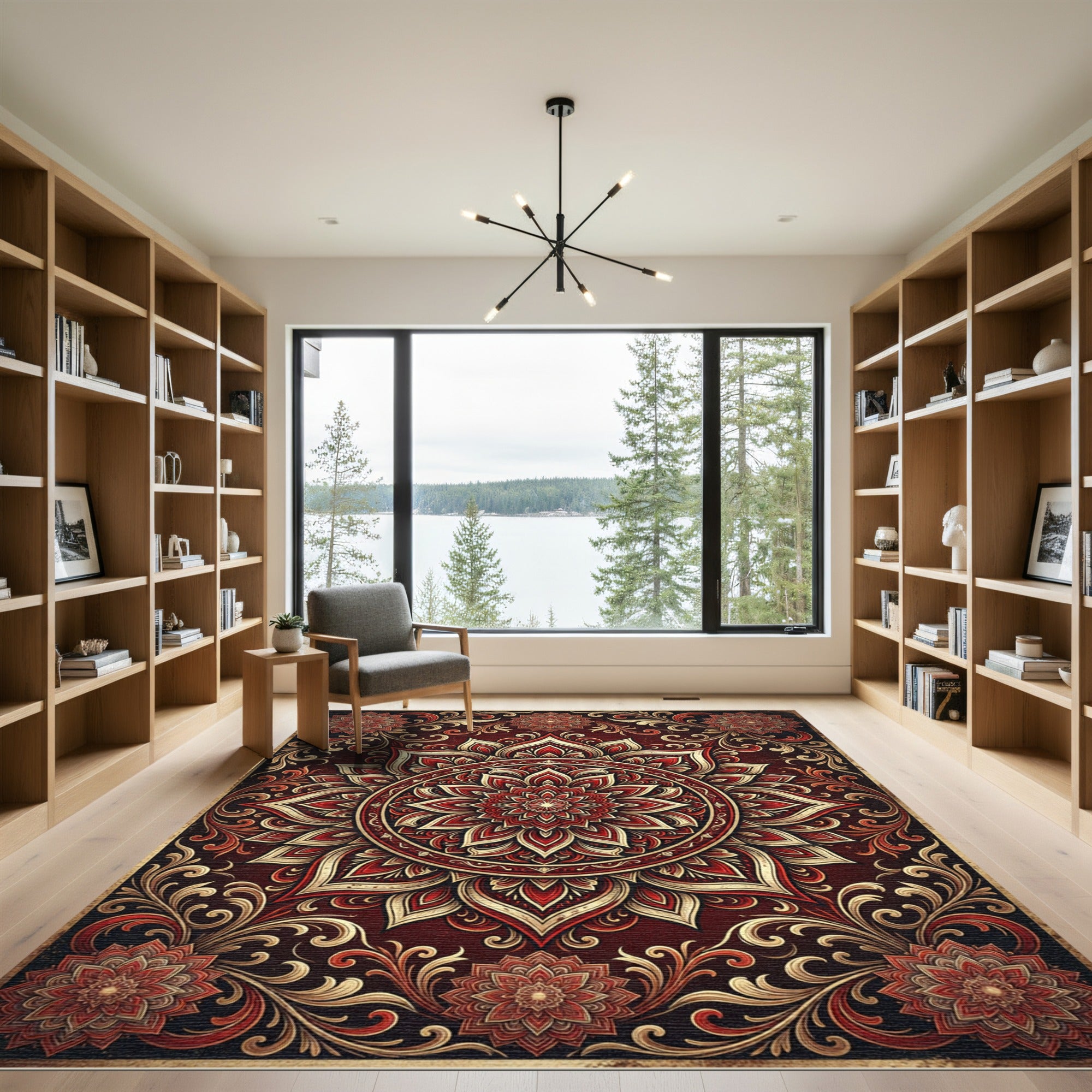 Intricate Crimson Floral Gold Medallion Rug