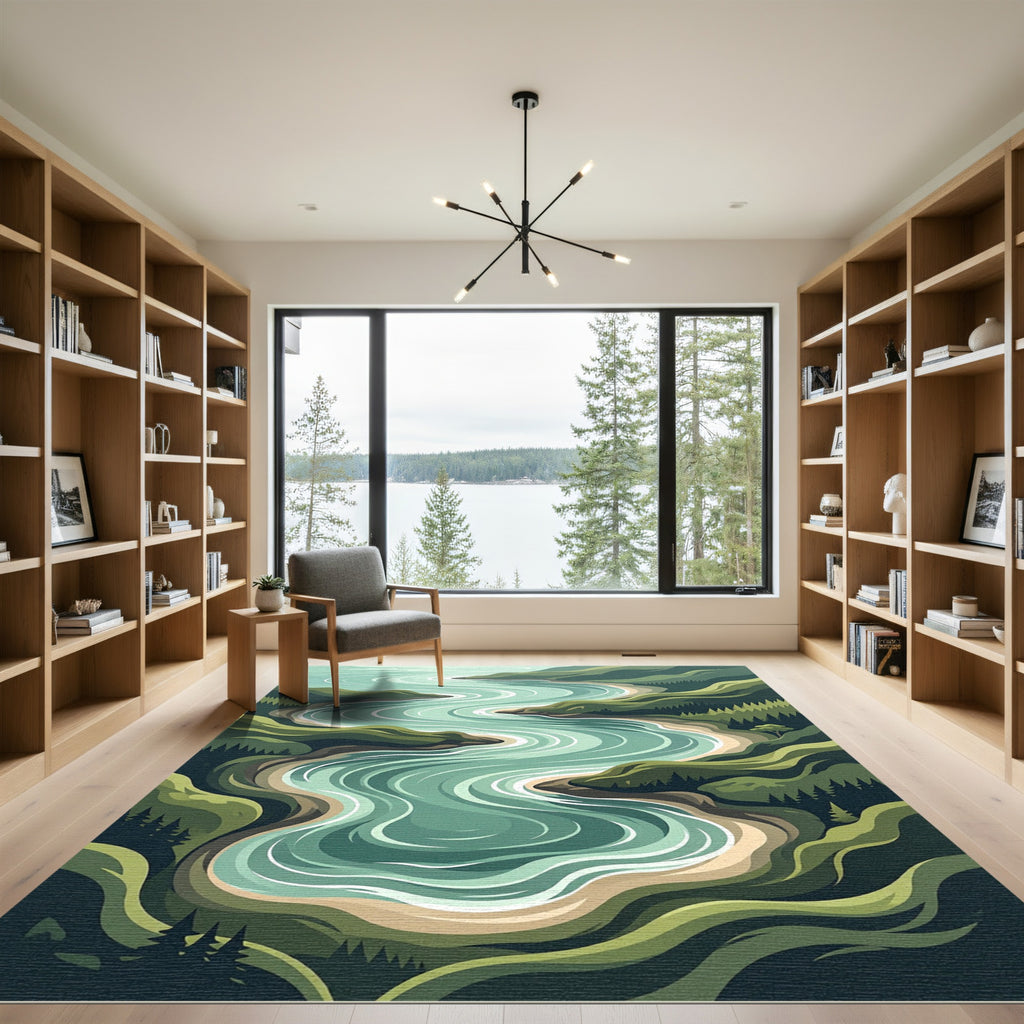Serene Emerald Winding River Landscape Rug