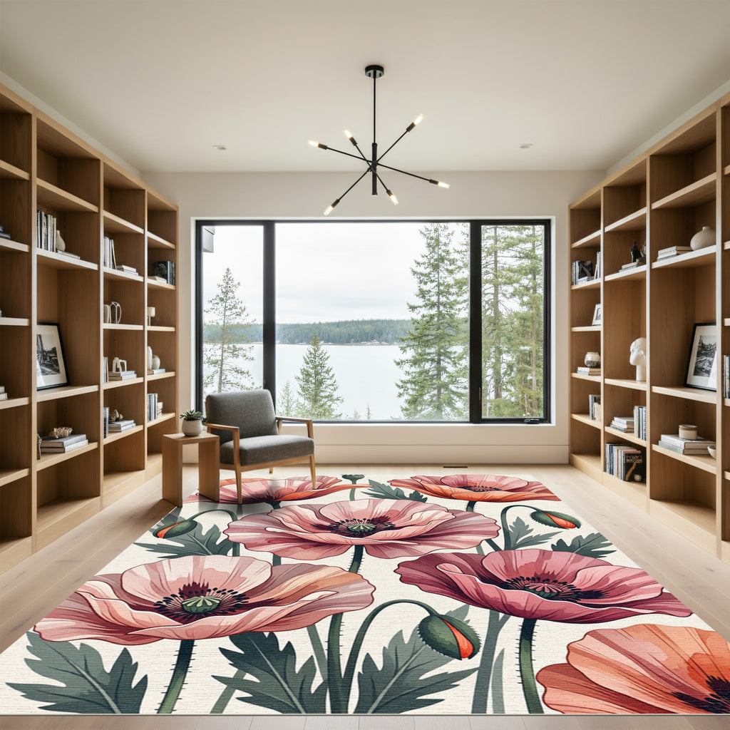 Soft Pink Poppy Floral Garden Art Rug