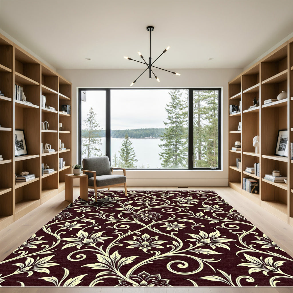 Dark Crimson Vintage Floral Scroll Rug