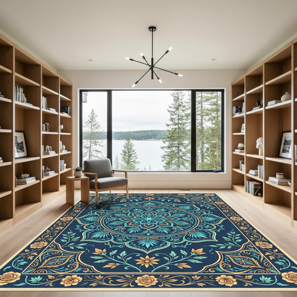 Royal Blue Floral Medallion Boho Rug