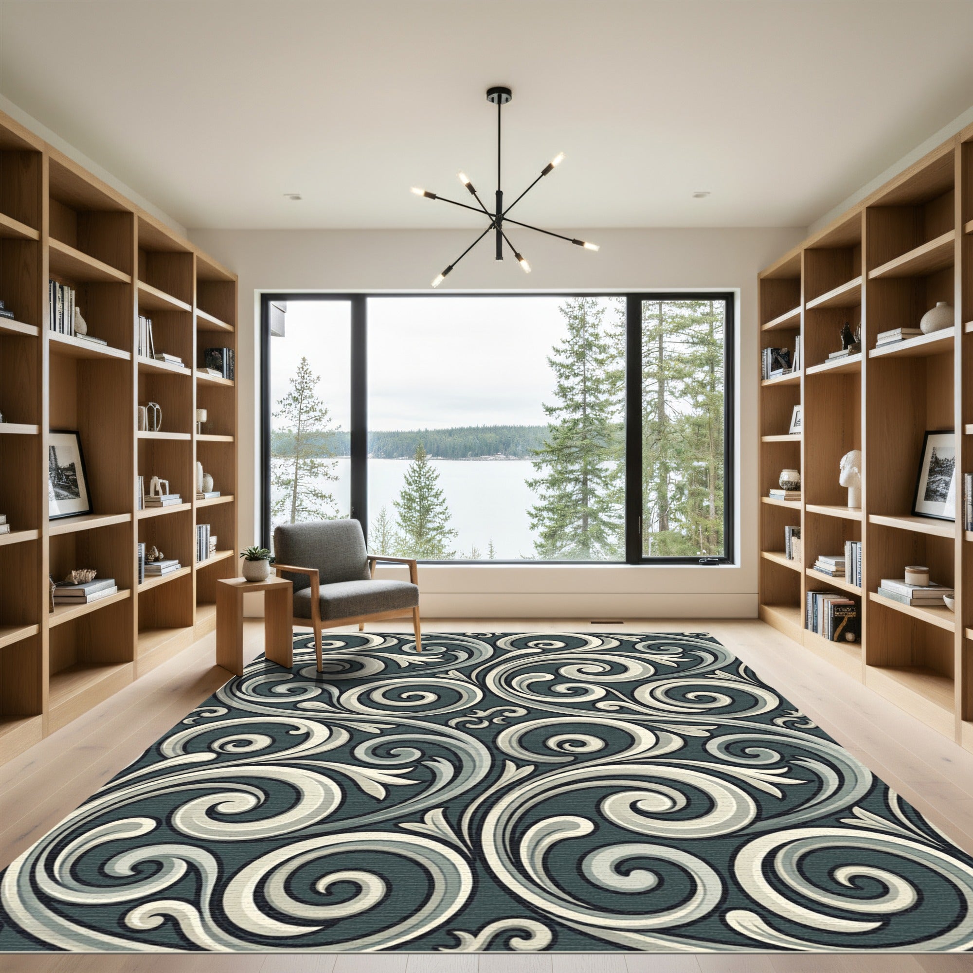 Elegant Slate Scrollwork Swirls Rug