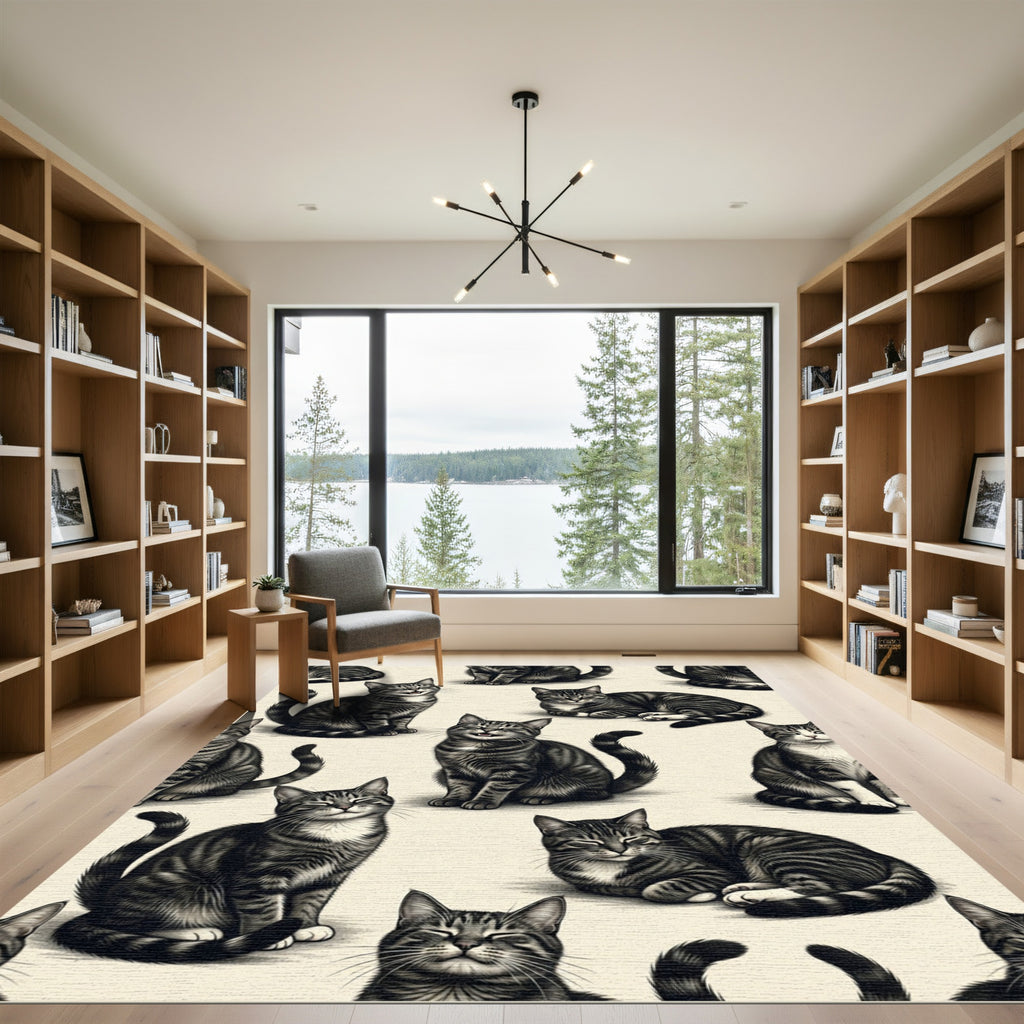 Cheerful Charcoal Tabby Cat Illustration Rug
