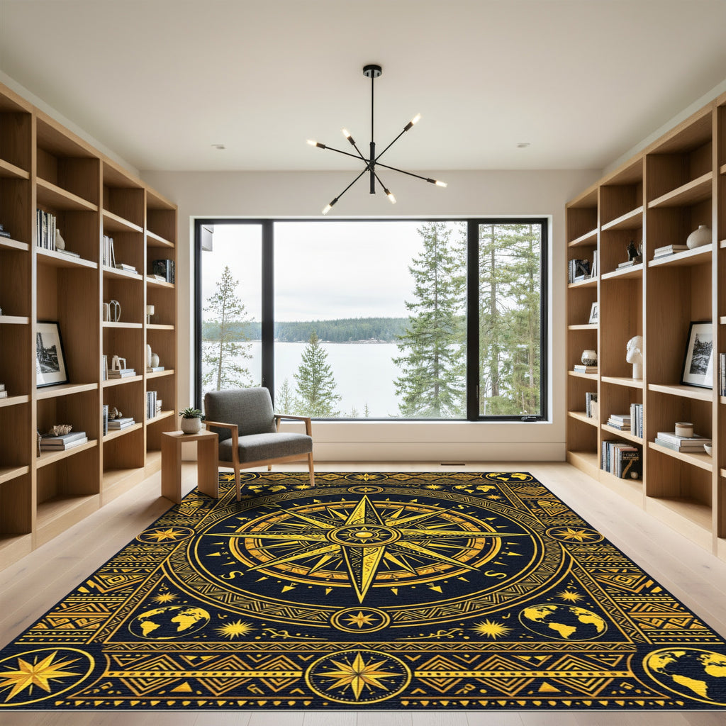 Golden Nautical Compass Global Map Rug