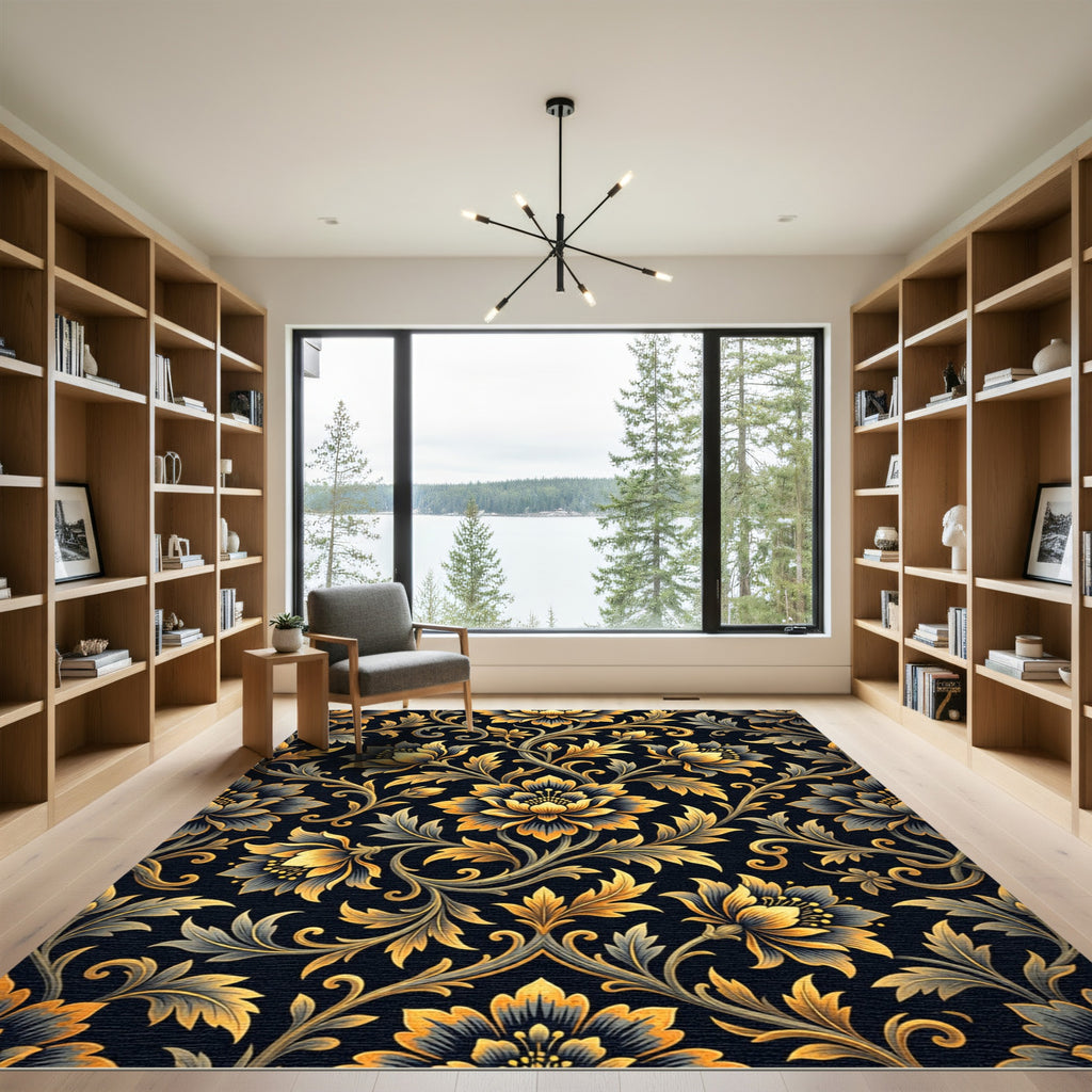Luxurious Black Gold Floral Damask Rug