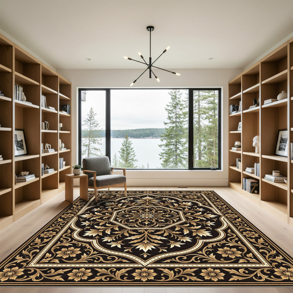 Elegant Black Gold Floral Medallion Rug