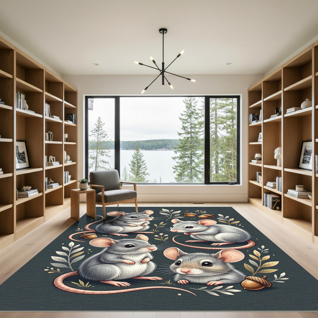 Whimsical Woodland Mice and Acorn Illustration Rug