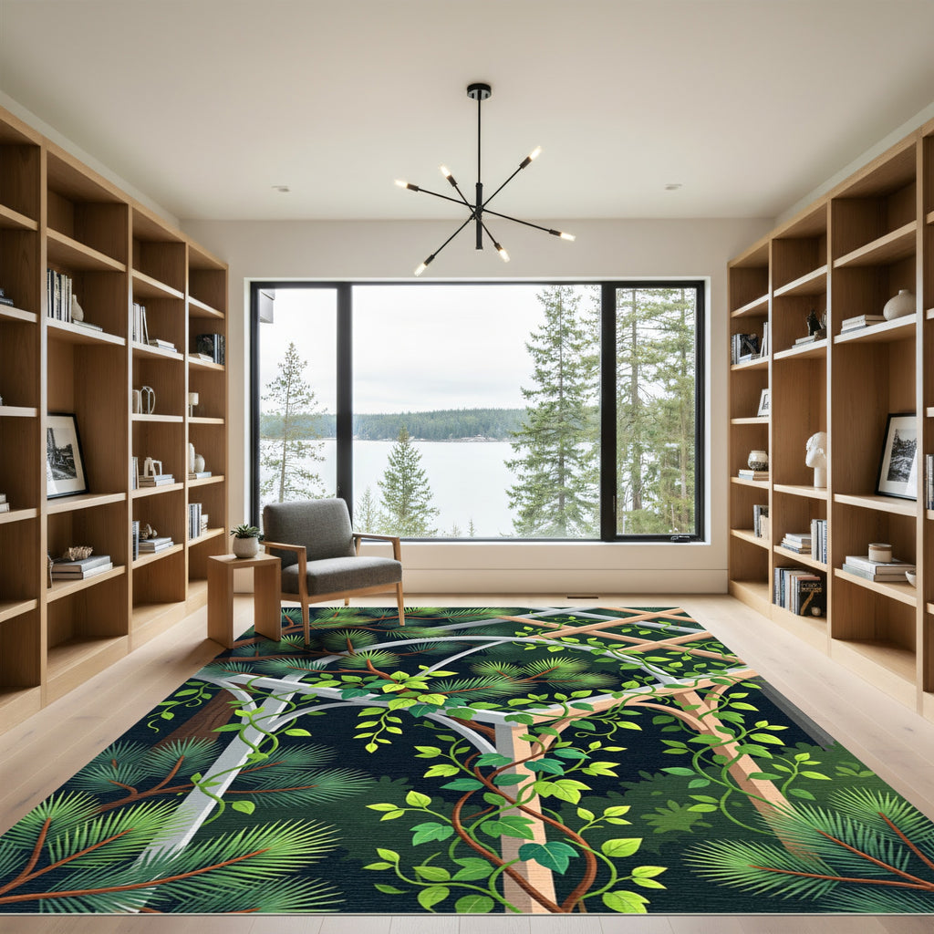 Dark Botanical Trellis Pine Foliage Rug