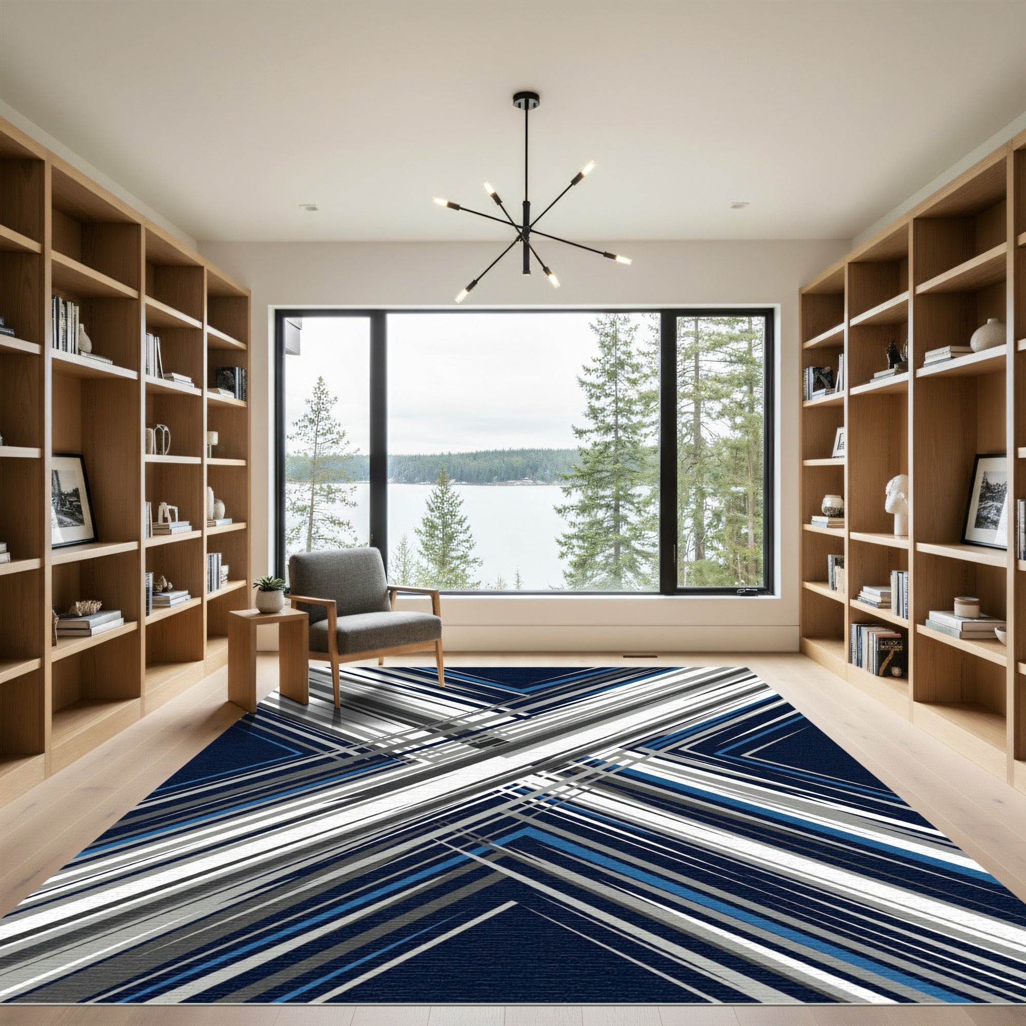 Modern Navy Blue Sharp Diagonal Lines Rug