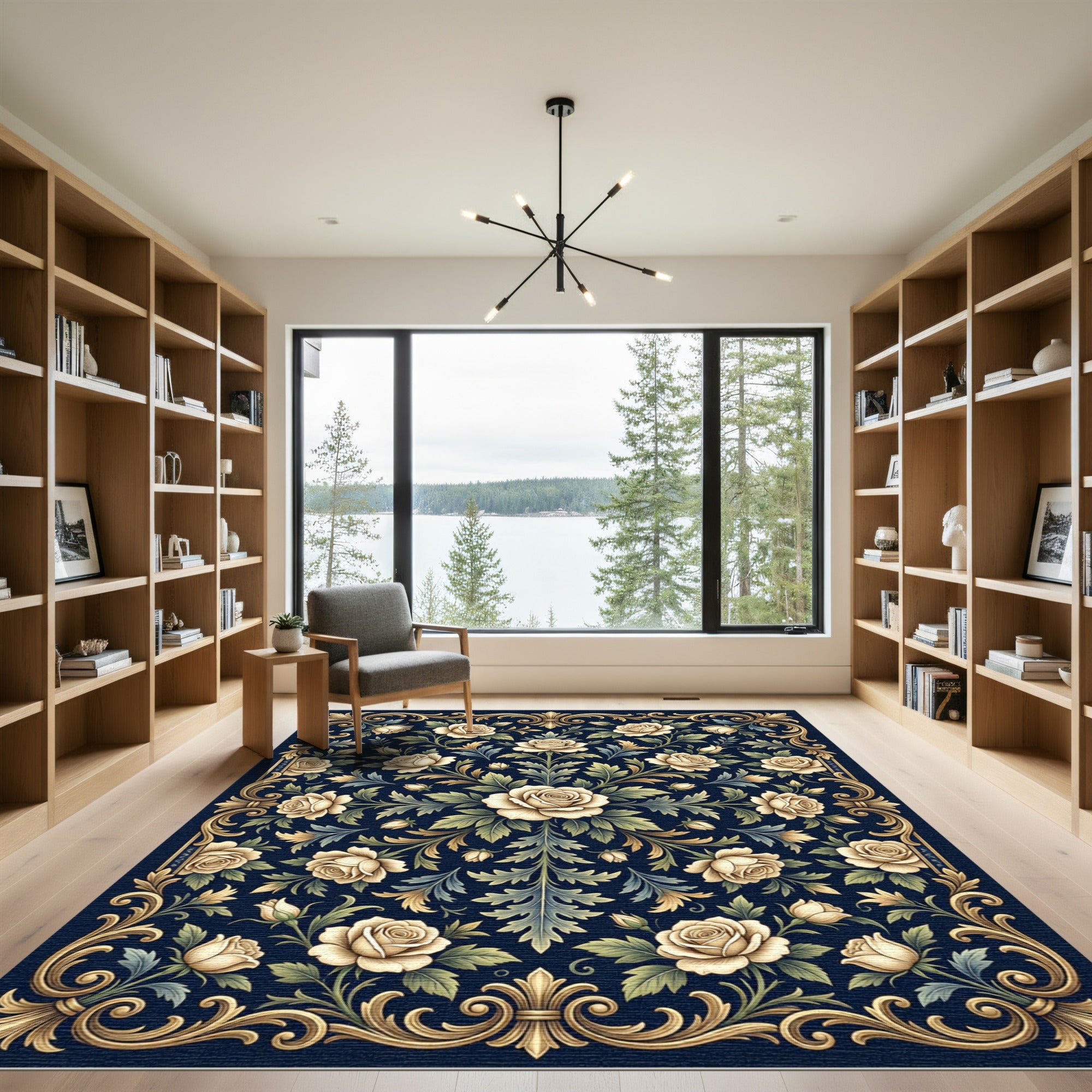 Elegant Cream Rose Gold Floral Tapestry Rug