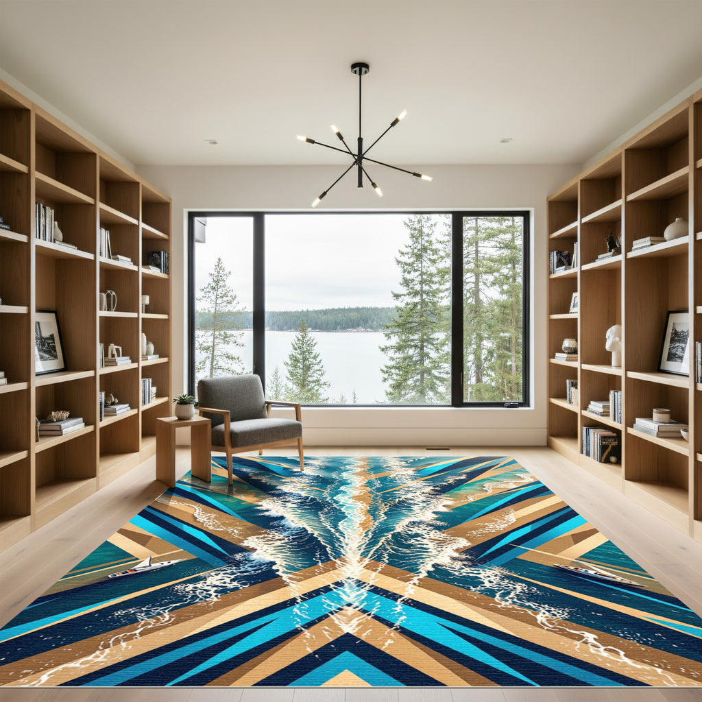 Abstract Nautical Blue and Gold Wave Rug