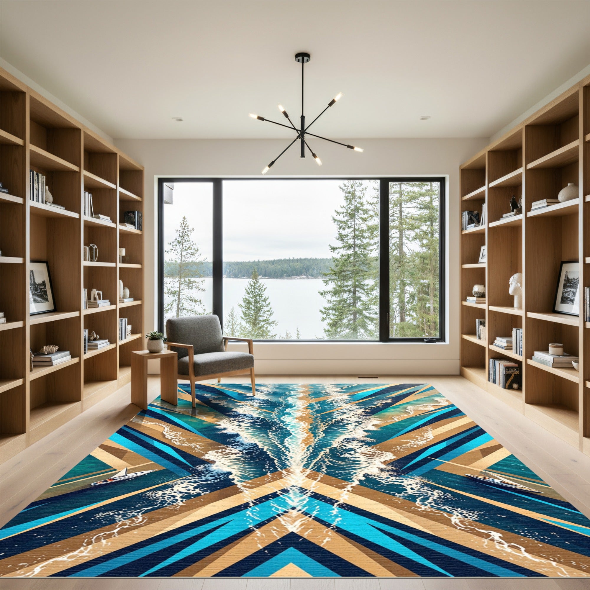 Abstract Nautical Blue and Gold Wave Rug