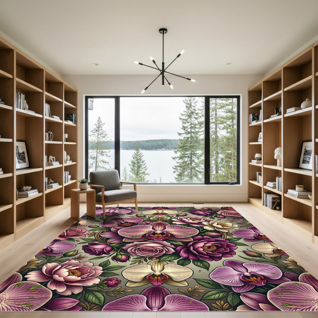 Elegant Mauve Orchid Rose Botanical Arrangement Rug