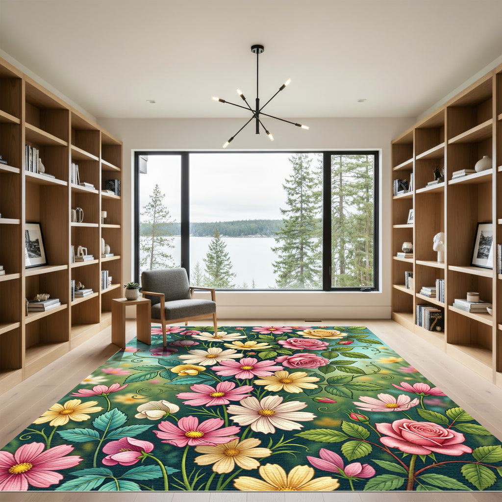 Abundant Pink Yellow White Floral Garden Rug