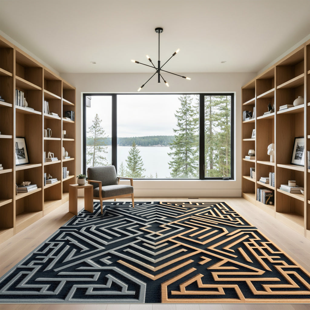 Metallic Gold Silver Geometric Labyrinth Rug