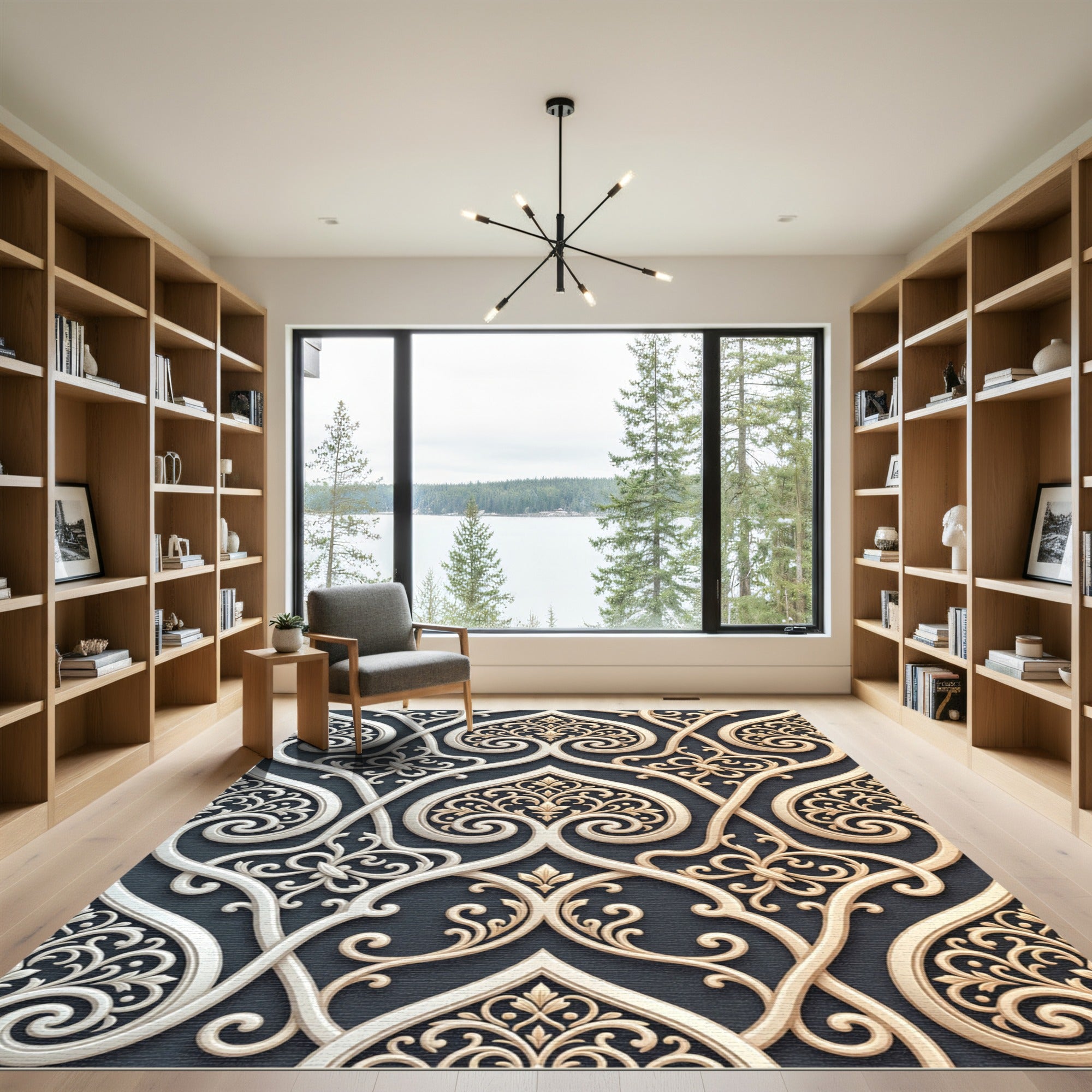 Elegant Cream and Gold Filigree Swirls Rug