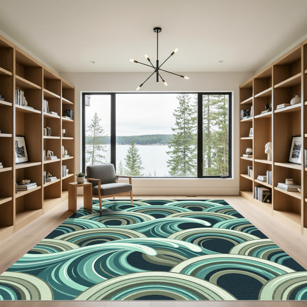 Aquatic Teal Wave Layered Arcs Rug