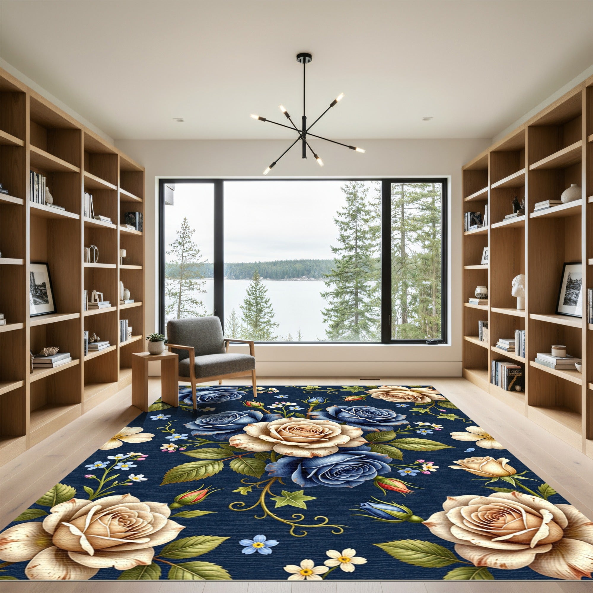 Elegant Navy Cream Rose Floral Bouquet Rug